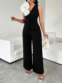 SHEIN Lady Black And White Two-Piece Suit,Summer Elegant Three-Dimensional Flower Top & Wide-Leg Pants,Holiday Dinner Business Casual Outfits For Women Work - Black - View 5