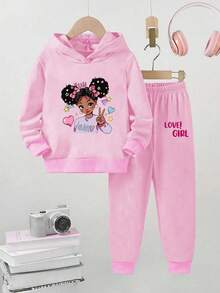 2 件年轻女孩休闲可爱卡通女孩印花连帽衫和运动裤套装，爱心女孩字母印花粉色运动衫套装，适合女孩日常和户外穿着，秋冬 - 粉色 - 查看 1