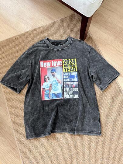 Manfinity VCAY 男士休闲短袖T恤，黑色，雪花印花，圆领，夏季