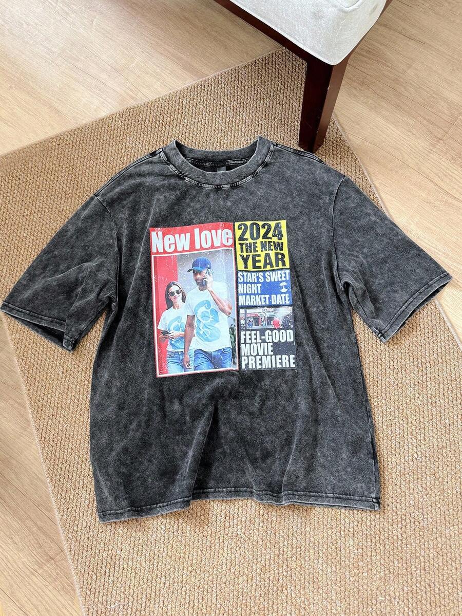 Manfinity VCAY 男士休闲短袖T恤，黑色，雪花印花，圆领，夏季 - 黑色 - 查看 1