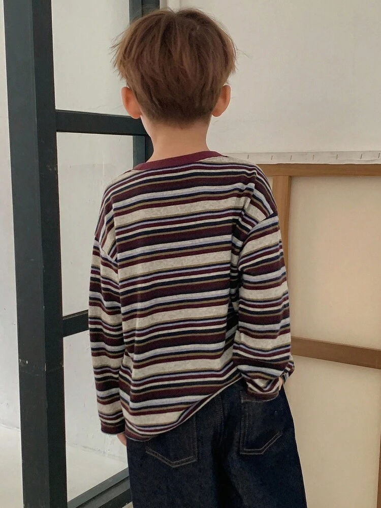 Young Boys' Casual Loose Fit Striped T-Shirt, Japanese Style For Autumn Long Sleeve Tops Girl