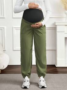SHEIN Maternity 2 In 1 Dual Waistband Pocket Design Pants - Army Green - View 3