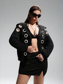 LYSMO Plus Size Metal Eyelet Design Black Sweatshirt, Fashion Forward For Autumn/Winter Grommet Jacket Fall Y2k Plus Size Clothes - Black - View 3