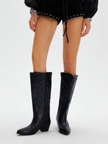 Styleloop 女式铆钉拉链刺绣装饰粗跟尖头一脚蹬靴，适合假日、户外、鲨鱼靴、黑色靴子、西部靴、核心 - 黑色 - 查看 4