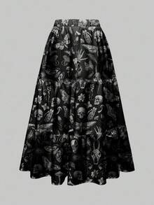 ROMWE Goth 哥特式黑暗神秘恐怖骷髅、飞蛾、蝙蝠翅膀、树叶、蘑菇全身印花女式 A 字裙，万圣节 - 黑色 - 查看 2