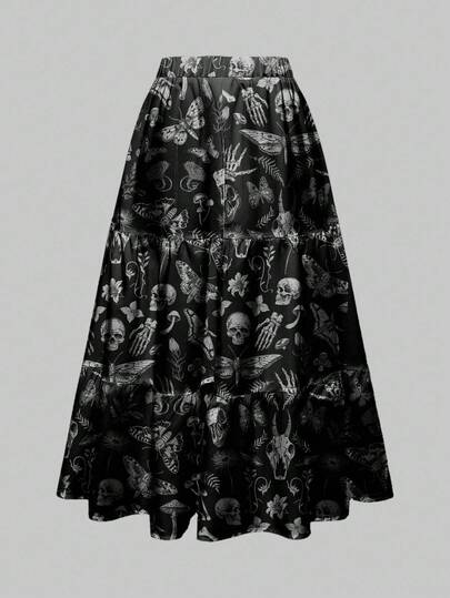 Goth Gothic Dark Mysterious Horror Skull, Moth, Bat Wing, Leaf, Mushroom All-Over Print Women's A-Line Skirt, Halloween