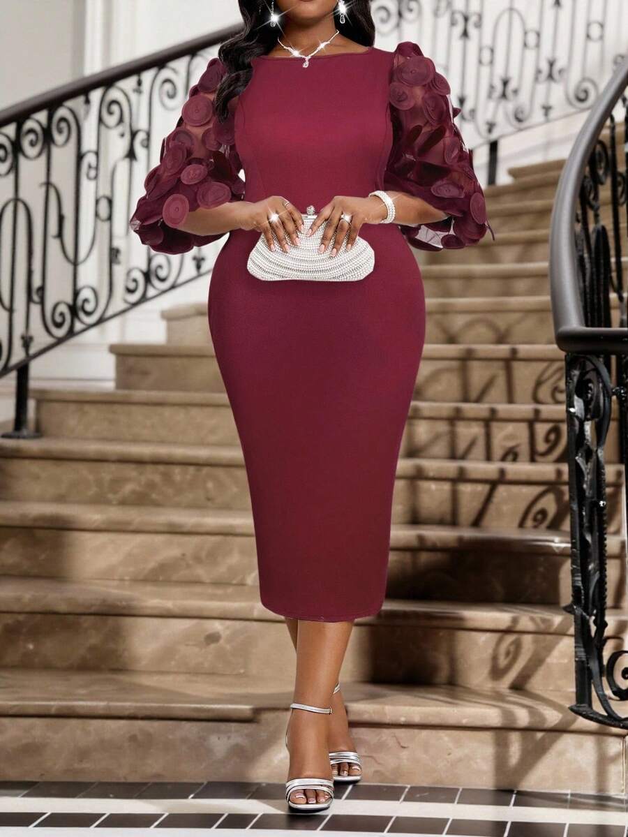 Fleurora Váy cưới tay bồng cỡ lớn cho nữ mùa xuân và mùa hè, thường ngày, thanh lịch, màu đỏ claret, cổ tròn, dệt kim, họa tiết hoa ba chiều, vải lưới nối, váy cưới 2025 mới, váy ren dài ôm vừa vặn, tay ngắn thanh lịch cho nữ, váy trang trọng cho nữ, váy dạ hội, trang phục dự tiệc, váy phù dâu, váy ren đen, váy cocktail midi bốn mùa, váy midi thanh lịch, váy tay bồng, váy dài thanh lịch, váy midi có tay, váy cho dịp đặc biệt, váy có tay trong suốt, váy tay bồng - Màu Đỏ Sâu - Xem 1