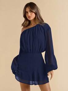 SHEIN BAE Black Chiffon Asymmetric Neck Loose Lantern Sleeve Short Mini Dress For Women, Vacation Chiffon Dress