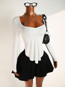 Mistrie SXY 纯色 INS 新品方领长袖荷叶边不对称下摆女式休闲 T 恤秋季女装