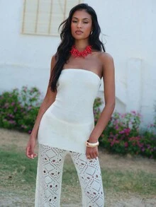 Opulessa Women's Off White Solid Bandeau Top & Hollow-Out Knit Pants 2 Pieces Set,Crochet Summer Casual Vacation Holiday Outfits,Off The Shoulder Wedding Guest - Beige - View 7