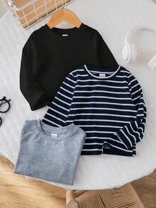 SHEIN 3 件套黑白条纹纯色圆领长袖套头衫，柔软舒适，百搭休闲装，适合男婴和女婴，适合春秋季节 - 彩色 - 查看 8
