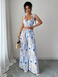 Elenzga 2pcs/Set Women's Standard Size Camisole Top With Back Cutout Design + High Waist Wide Leg Pants - Baby Blue - View 4