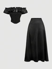 SHEIN MOD 女士优雅露肩荷叶边上衣和半身裙两件套 - 黑色 - View 9