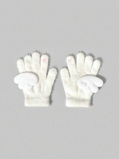 Anime Guanti bianchi con ali a forma di cuore e strass, versatili per pendolarismo, casual, all'aperto, accessorio caldo per autunno/inverno