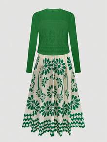 SHEIN CURVE+ مجموعة من فستان مطبوع بالألعاب النارية وكارديجان بأكمام طويلة للمرأة البدينة، مع أربطة قابلة للتعديل في الخصر والذيل المنفرج، 2 قطعة