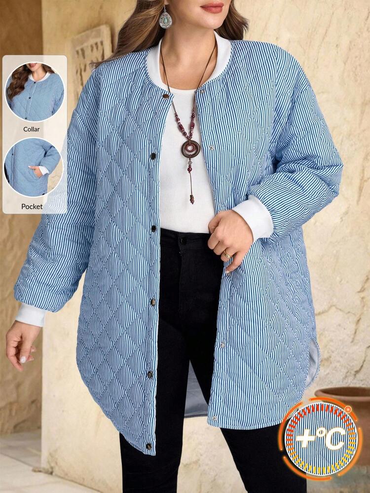 Cardigan matelassé à simple boutonnage avec poches, imprimé rayures, pour femmes grandes tailles. Manteau rembourré chaud pour l'automne et l'hiver, style campagne pour femmes, pour concert country, style campagne