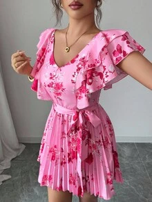 Elenzga Ruffled V-Neck Cinched Waist A-Line Floral Print Vacation Elegant Romantic Dress For Women