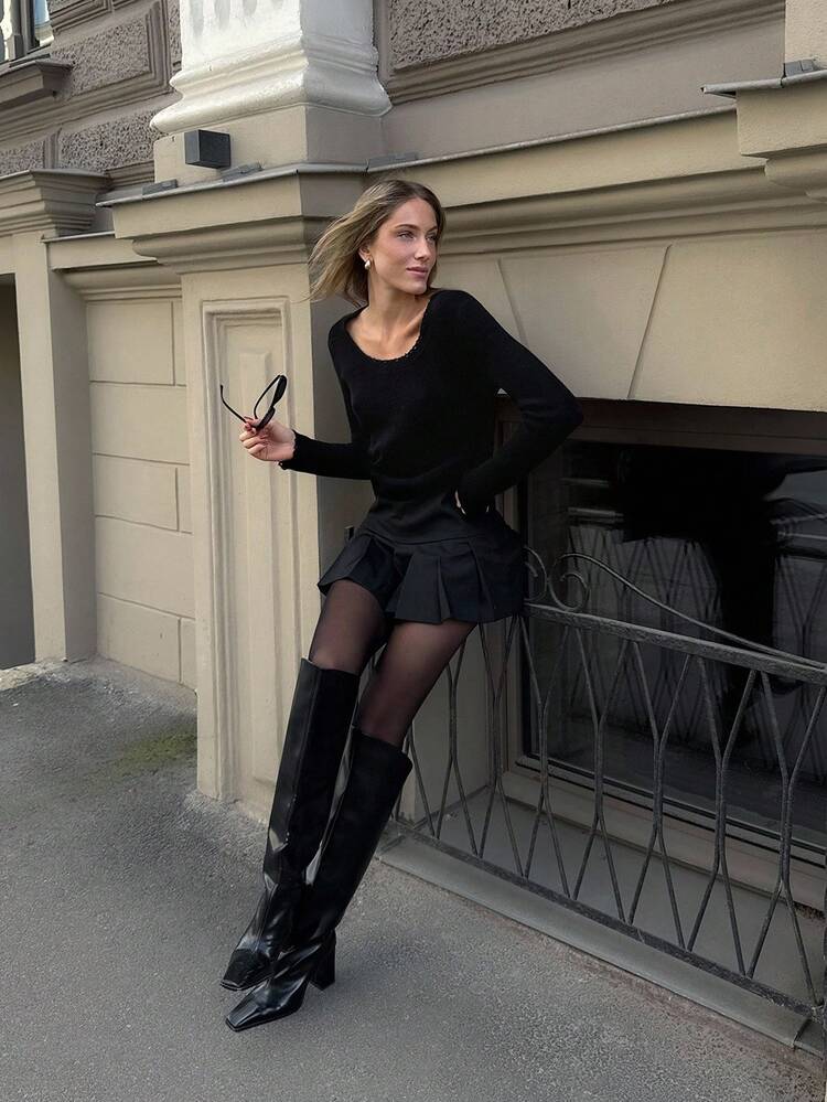 CASHMERE WOOL BLEND HOLLOW U-NECK SWEATER, ELEGANT FOR AUTUMN/WINTER