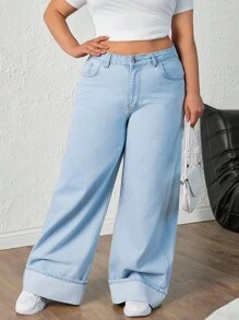 RueChic 高腰阔腿牛仔裤 休闲风 - 淺色水洗藍 - 查看 4