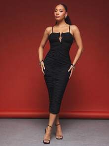 Vixey 全衬里纯色网眼金色金属饰边褶饰中长连衣裙 - 黑色 - 查看 1