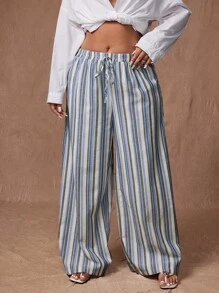 Rustia Fashionable Casual Striped Elastic Waist Wide Leg Pants Fall Cloth For Women - Multicolor - View 4