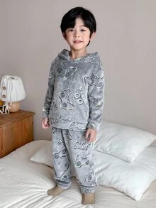 SHEIN 2 件套小男孩发光游戏控制器图案连帽衫上衣和柔软毛绒睡裤套装，舒适亲肤，秋冬 - 灰色 - 查看 4