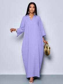 SOLERSUN 女士时尚 V 领宽松蝙蝠袖无腰带连衣裙，适合假日长款女装 - 淡紫色 - 查看 7