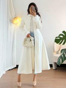 Rafferiza 女式纯色长袖仿皮草袖口纽扣长款优雅大衣，秋冬 - 米色 - 查看 3