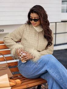 Vionelle Plus Size Elegant Commuter Faux Fur Cuff Cropped Jacket Fall Winter Cloth For Women Winter Autumn - Multicolor - View 8