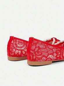 CUCCOO HITCHD Giày bệt mũi nhọn đính ngọc trai, dây xích đính đá, thiết kế nơ, thanh lịch, lãng mạn, giày cô dâu/phù dâu ren trắng, thích hợp cho đám cưới, hẹn hò, trà chiều - Đỏ - Xem 14