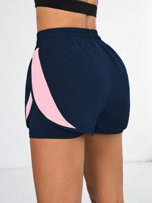 Easithlete Women Sports Shorts With Pocket Multicolor Plain Design For Fitness And Running Contrast Color Patchwork 2 In 1 Sports Shorts - Multicolor - View 2