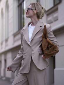 Anewsta Costume élégant décontracté pour femmes en automne, composé d'un blazer à col cranté à manches longues et d'un pantalon, de couleur unie, à simple boutonnage - Camel - Voir 7