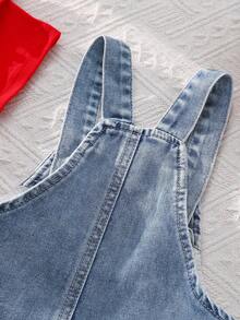 SHEIN Vintaside Kids Baby Girl Fashion Round Neck Short Sleeve Top And Casual Heart Print Bib Pants Overall Set - Red - View 4