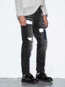 Manfinity EMRG Men's Casual Washed Distressed Patch Denim Jeans - Dark Grey - View 7