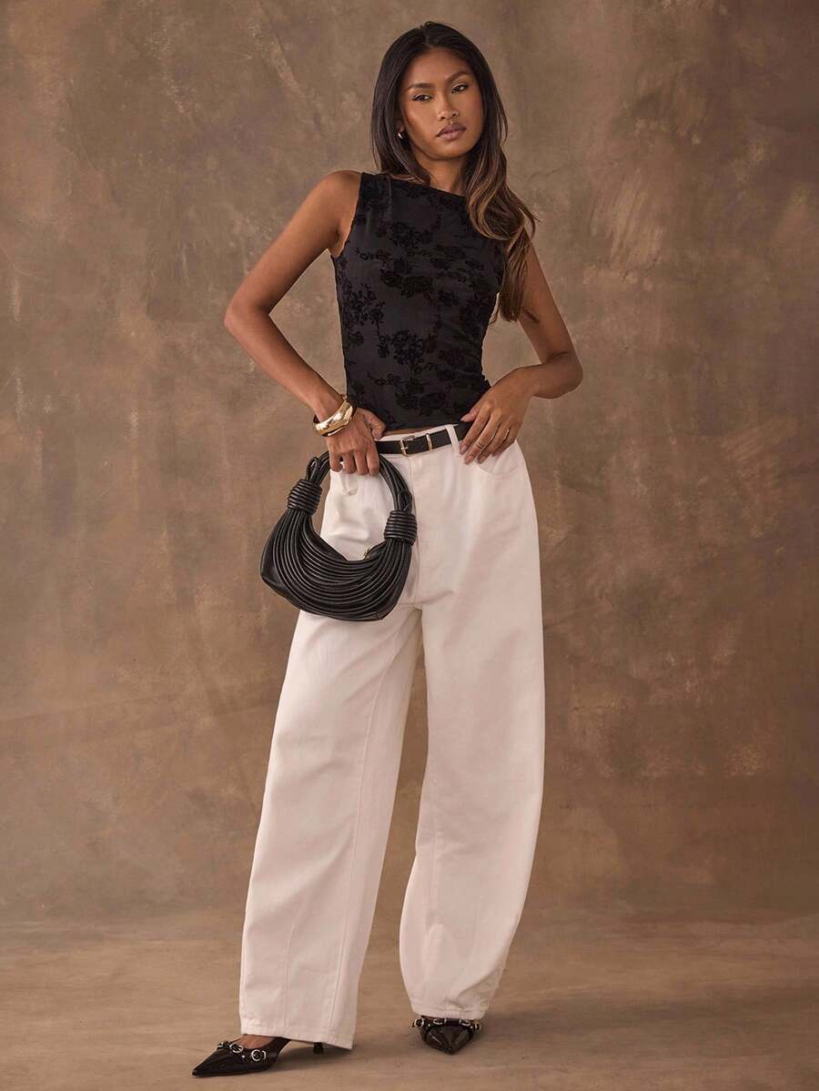 SHEIN BAE Top ajusté à col rond sans manches avec motif floral floqué pour femmes, idéal pour Halloween, la rentrée, le style décontracté chic, les sorties, les clubs, le style années 2000, le style bohème chic