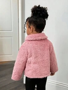 SHEIN Babygirl 可爱蓬松粉色长袖夹克外套，秋冬 - 粉色 - 查看 3
