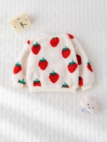 Cozy Pixies Baby Girl Strawberry Pattern Thermal Lined Crew Neck Long Sleeve Pullover Sweatshirt, Autumn/Winter Fall