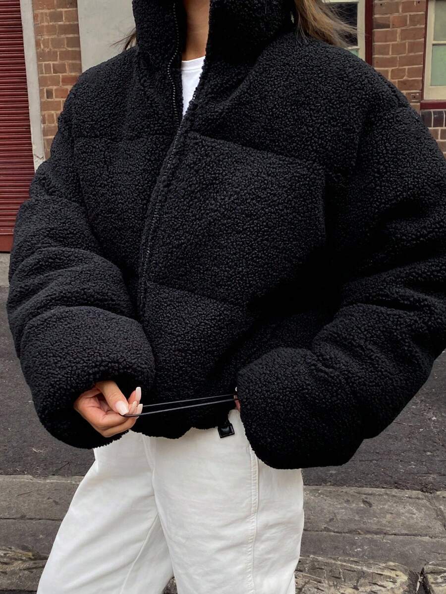 DAZY 亮片领宽松抽绳女士棉服外套冬季夹克 - 黑色 - 查看 1