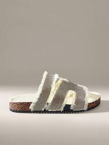 Solecia Women's Round Toe Rhinestone Slip-On Flats, Comfortable For Daily, Party, Commute, Versatile Fashion Shoes For Christmas - Beige - View 1