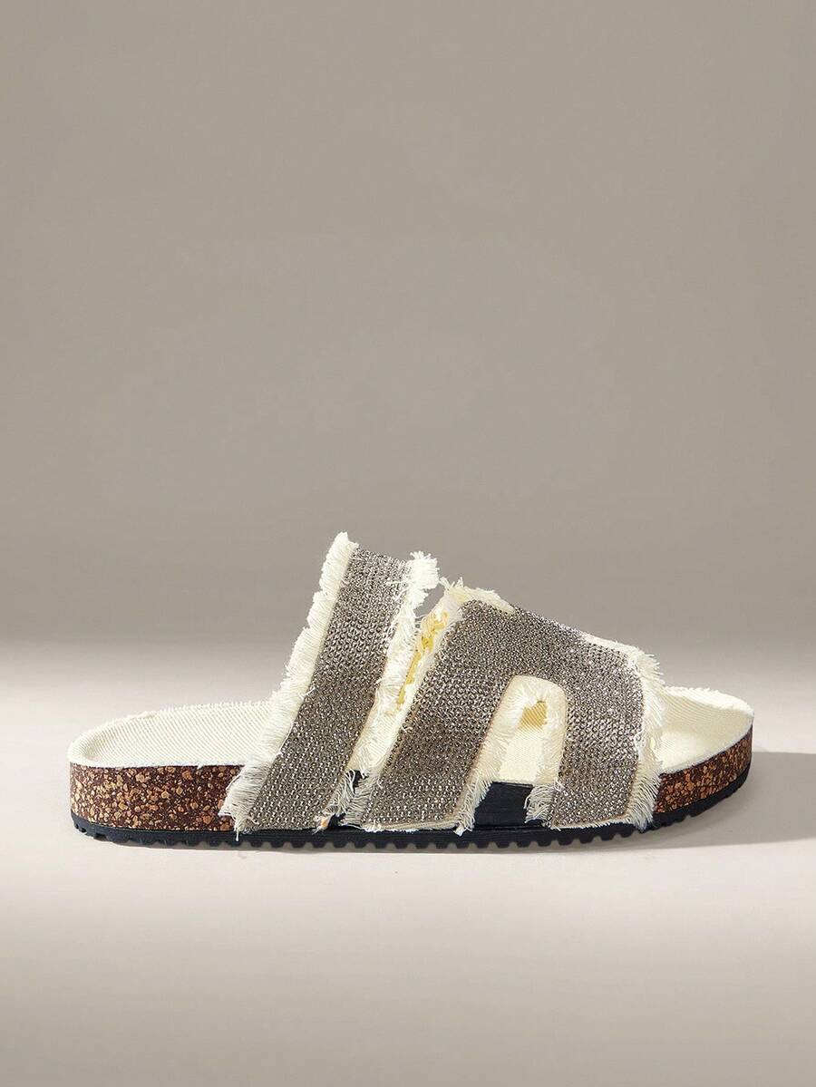 Solecia Women's Round Toe Rhinestone Slip-On Flats, Comfortable For Daily, Party, Commute, Versatile Fashion Shoes For Christmas - Beige - View 1