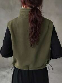 FRIFUL 女士休闲纯色无袖夹克，适合秋冬穿着 - 綠色 - 查看 3