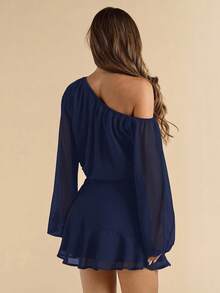 SHEIN BAE Black Chiffon Asymmetric Neck Loose Lantern Sleeve Short Mini Dress For Women, Vacation Chiffon Dress