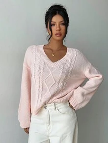 Aloruh 女士秋冬新款刺绣圆领杏色毛衣 - 粉色 - 查看 6