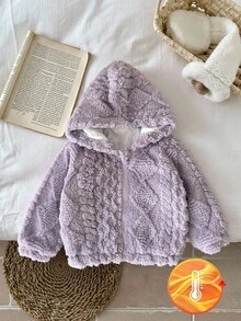SHEIN Chaqueta casual holgada con capucha forrada térmicamente, de jacquard reversible, para niña bebé, color morado - Morado - Ver 7