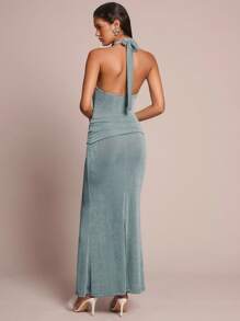 Glamine 女装夏季新款红色性感深V领长包红色流苏面料连衣裙，琥珀色串珠装饰设计，适合海滩度假 - 藍色 - 查看 1