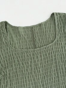 SHEIN VCAY Plus Size Casual Solid Color Textured Puff Sleeve Shirt - Green - View 3