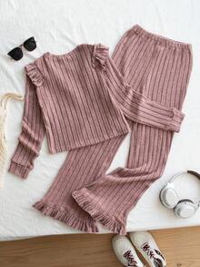 2 件套女童休闲粉色圆领长袖 T 恤套装，适合家居服和休闲装 - 粉色 - 查看 2