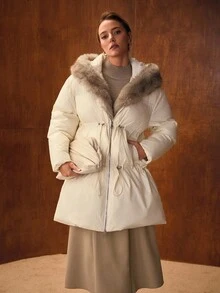 MOTF PREMIUM 女式长袖撞色毛茸茸连帽羽绒大衣，秋冬 - 卡其色 - 查看 6