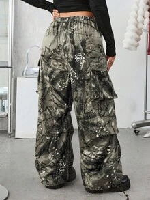 SHEIN EZwear 复古花卉印花松紧腰褶皱宽松休闲工装裤，大码，秋冬 - 彩色 - 查看 2