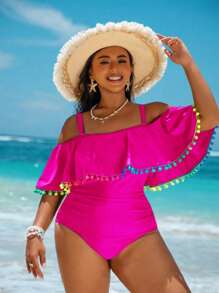 Swim Vcay Plus Size Solid Color Fringe One-Piece Swimsuit, Fashionable For Summer - Hot Pink - View 3